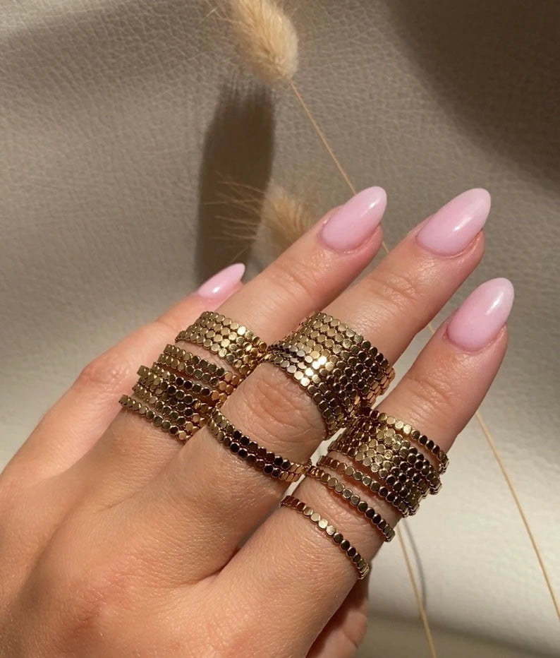 14K Gold Filled FLAT-Beaded Stack Ring |Dainty Layering Ring